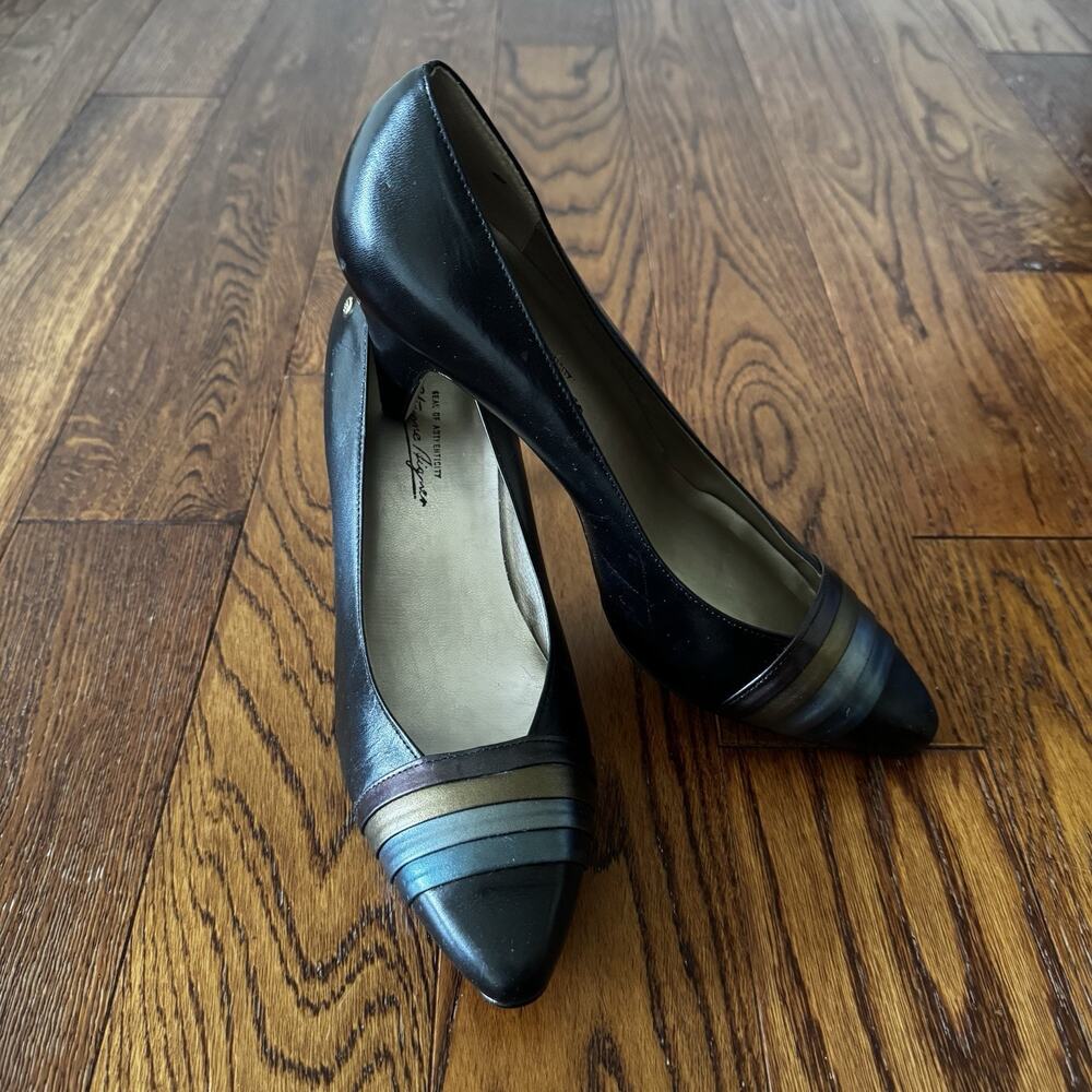VTG Etienne Aigner Womens 8N Pumps Black Metallic Stripe Made in Spain Damage
